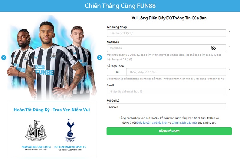 Nhập thông tin vào biểu mẫu đăng ký Fun88